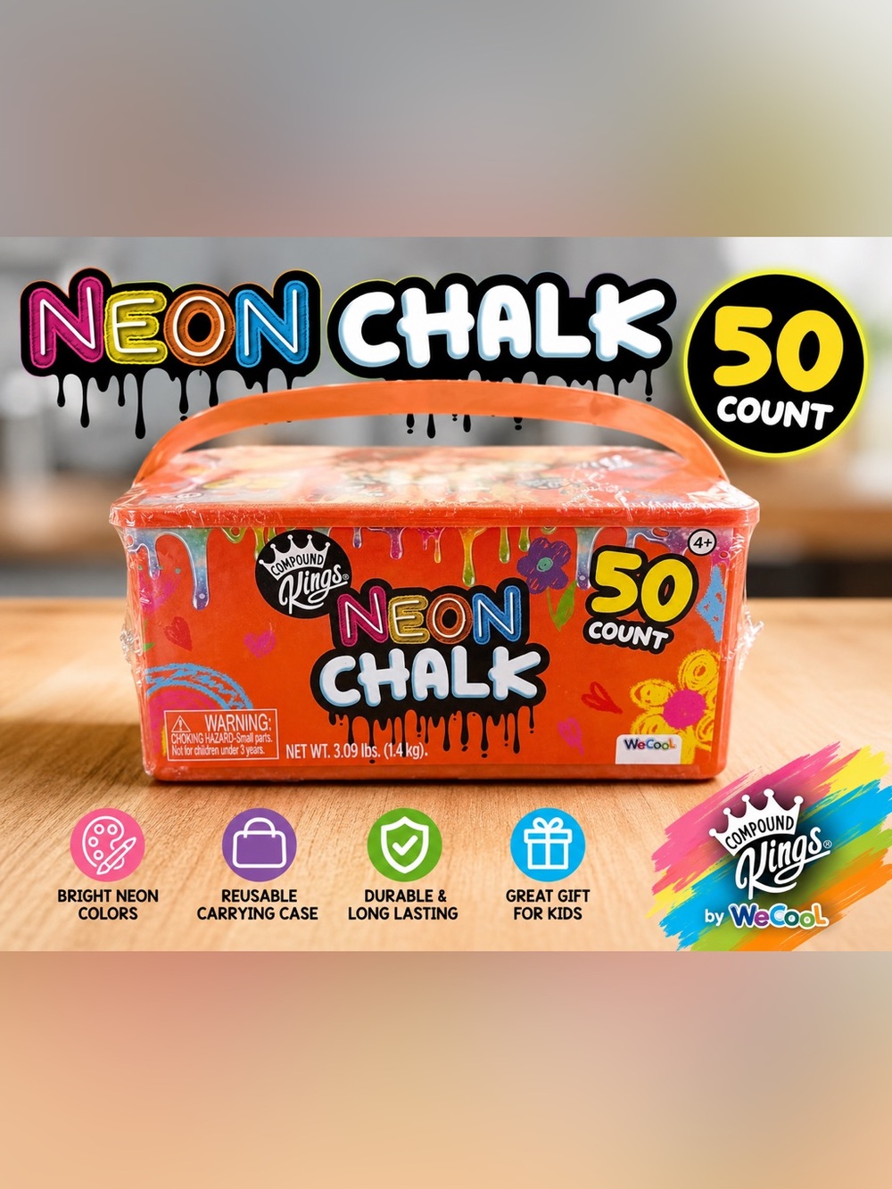 New - Neon Chalk 50 Count Set NEW Sealed Carrying Case Kids Sidewalk Chalk